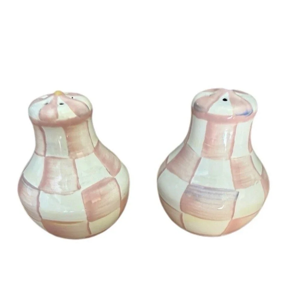 Mackenzie Childs Rosy Check Salt & Pepper Shakers New in Box